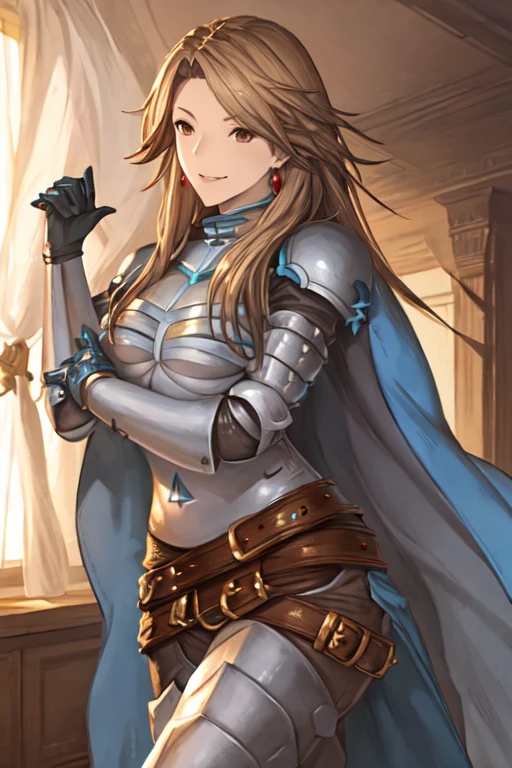 katalina (granblue fantasy), solo, 1girl, armor, gauntlets, belt, breastplate, gloves, shoulder armor, cape, pauldrons, pants, room, smile, standing, best quality, masterpiece, cloak