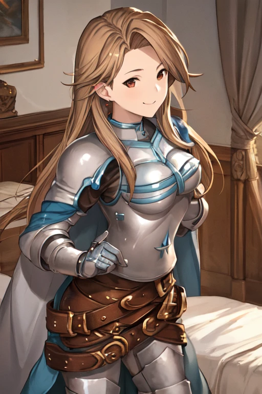 katalina (granblue fantasy), solo, 1girl, armor, gauntlets, belt, breastplate, gloves, shoulder armor, cape, pauldrons, pants, room, smile, standing, best quality, masterpiece, cloak