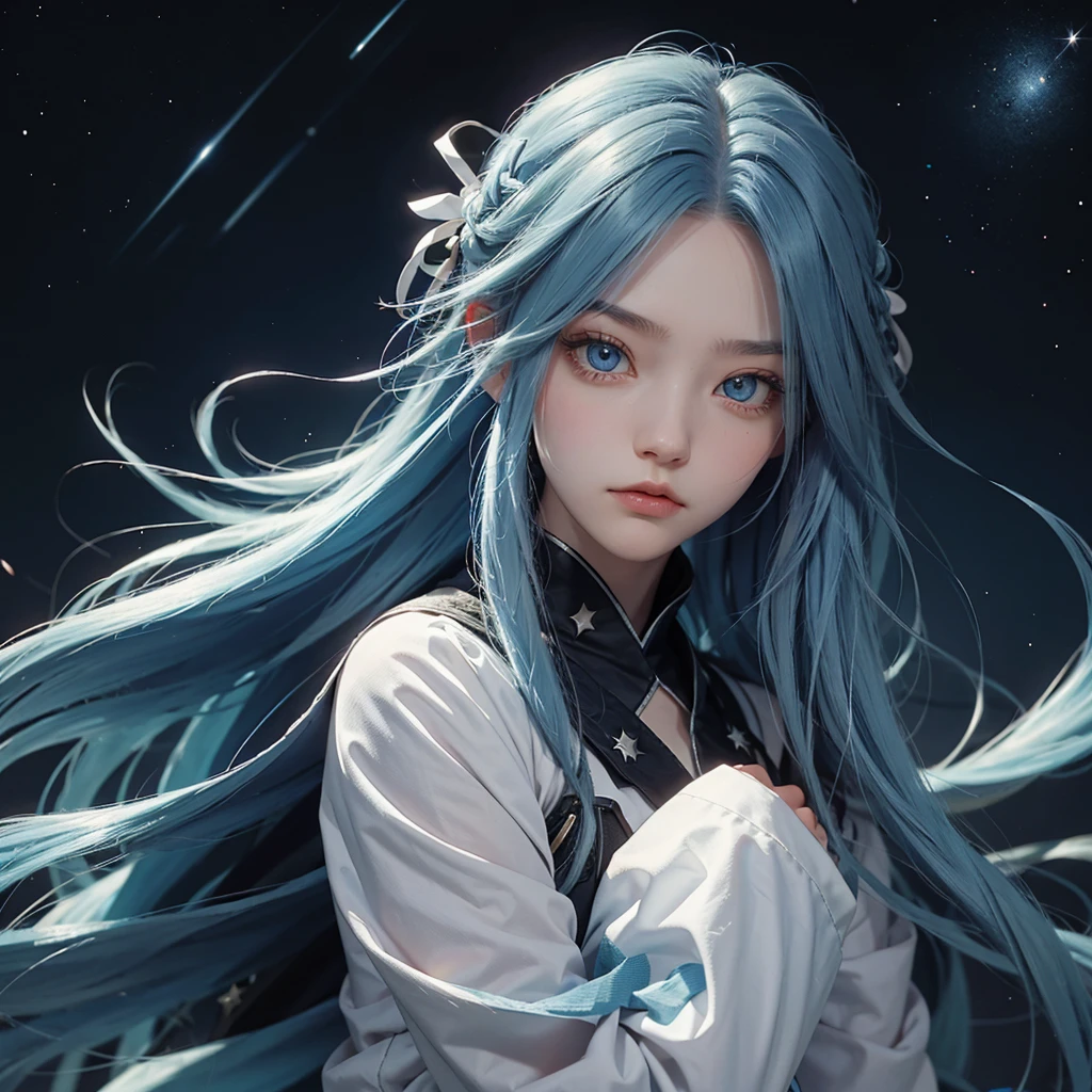 a girl with long blue hair  , and blue eyes with stars as pupils, a reference to oshinoko&#39;s eyes. ,accompanied by a purple fox 
