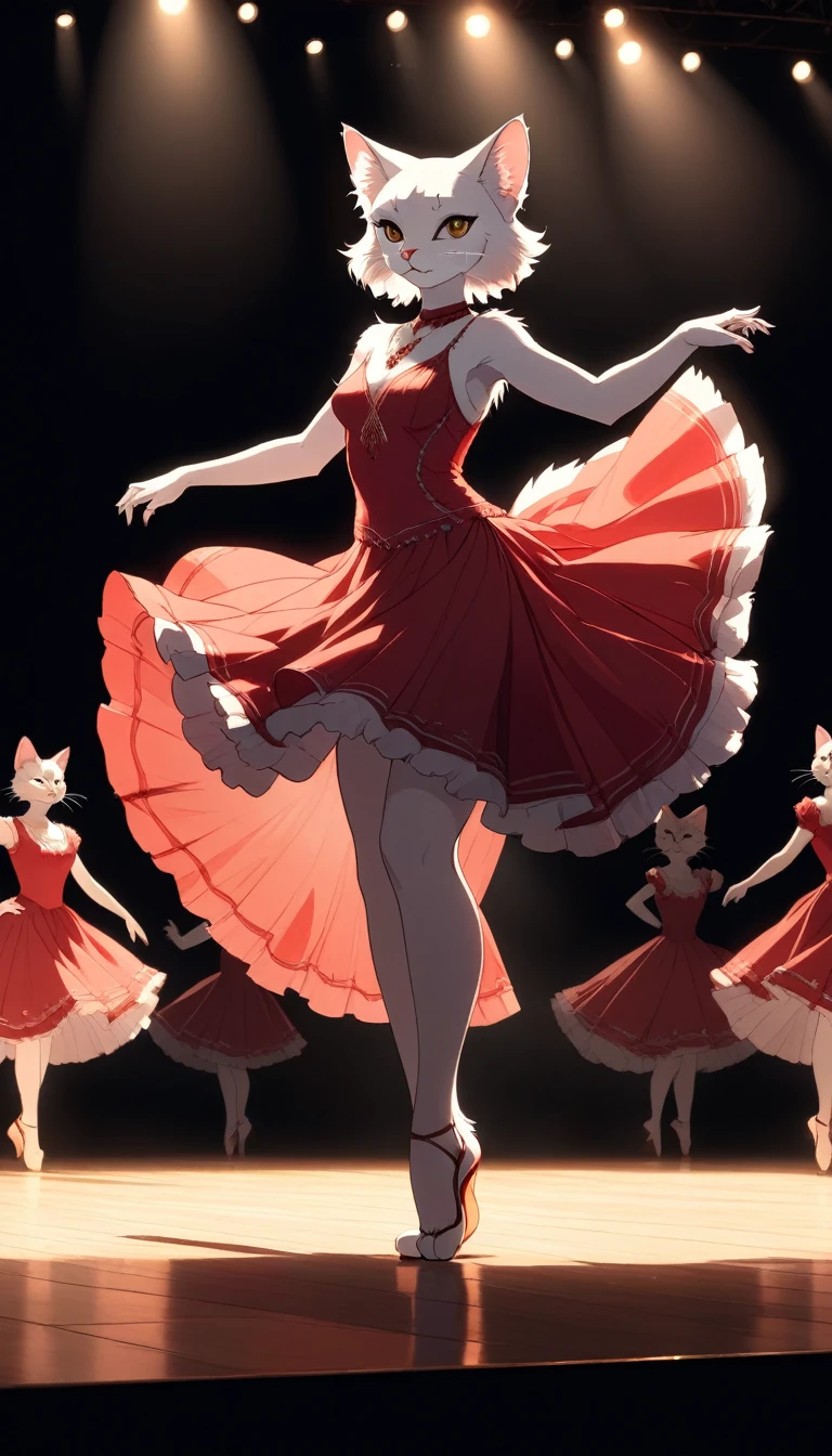 ((Masterpiece)), ((Best Quality)), (Very Detailed), ((Very Detailed)), 4K, (8K), very aesthetic, absurdres highres, 1 girl, (anthropomorphic cat, furry, kemono:1.5), A passionate flamenco dancer in a red dress dances dynamically on the stage, sweating. A strong spotlight shines on the dark background, revealing the silhouettes of the audience. Warm colors and dramatic shadows enhance the dancer's power and tension. The hem of the dress is fluttering and the dancers' expressions are full of concentration and passion