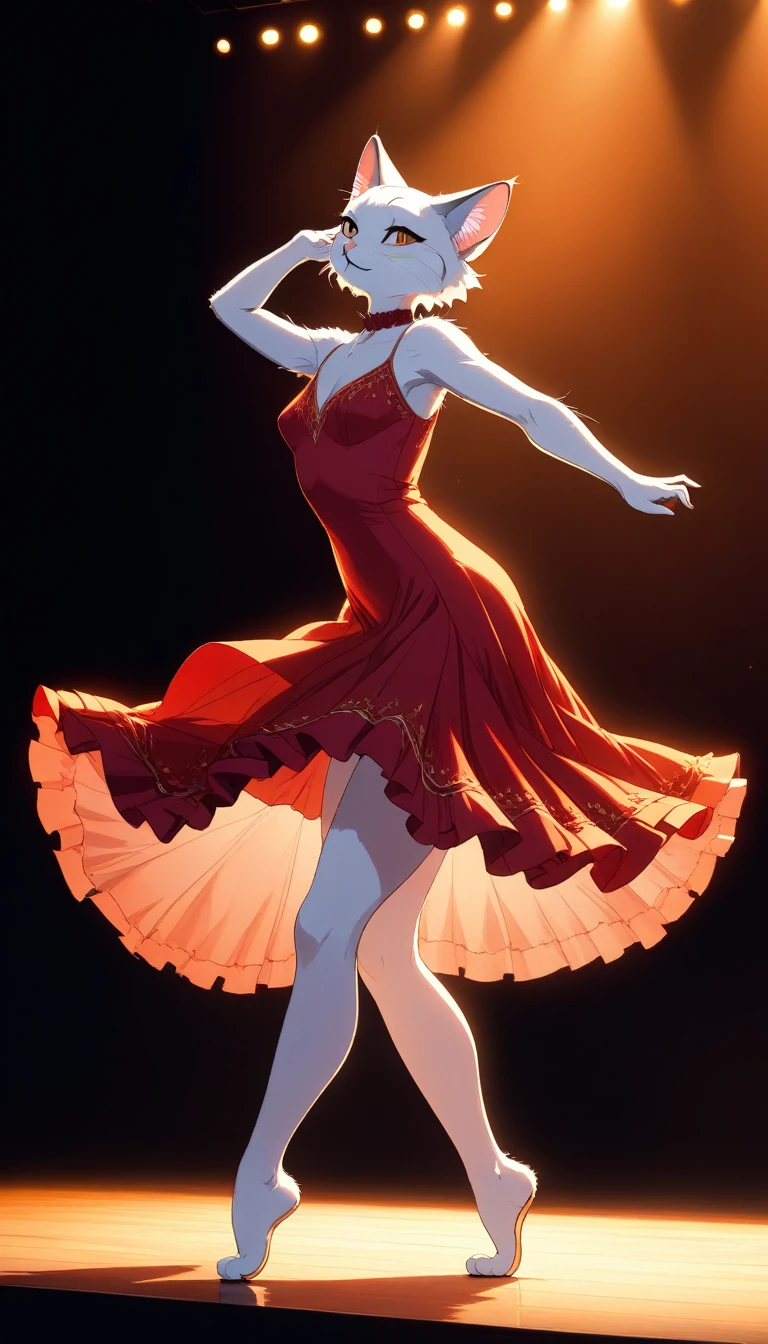 ((Masterpiece)), ((Best Quality)), (Very Detailed), ((Very Detailed)), 4K, (8K), very aesthetic, absurdres highres, 1 girl, (anthropomorphic cat, furry, kemono:1.5), A passionate flamenco dancer in a red dress dances dynamically on the stage, sweating. A strong spotlight shines on the dark background, revealing the silhouettes of the audience. Warm colors and dramatic shadows enhance the dancer's power and tension. The hem of the dress is fluttering and the dancers' expressions are full of concentration and passion