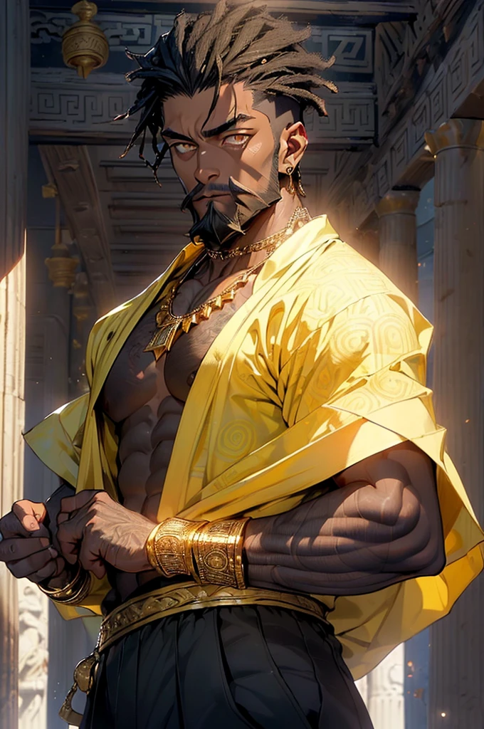 (man:1.5),1 man,male, muscle, 1boy, muscle, pectoral, muscular, Mature man,45 year,1 man,macho man,perfect body,an extremely delicate and beautiful detailed face,((crop haircut,:1.5,undercut:1.5,black hair)),(((black very short beard, black very short beard,nice beard style,barbershop style beard))), (((gold_eyes:1.3))),intricate eyes,beautiful detailed eyes,symmetrical eyes,perfect face, nice hair style,perfect proportions, thicc, ((detailed face)),macho man,
(male african prince),prince,
powerful,heroic,nsfw,
(((dark skin:1.5))),black skin:1.35,dark skin:1.3,ebony skin,
smile,expressive eyes,
((african,black race,african traits,african race)),elegant,
(open toga, arab fashion,arab toga, jeans,white shirt, masculine features, modern style,arab clothes),(((dark yellow toga, dark yellow toga outfit, wearing a dark yellow toga:1.3,arab dark yellow toga))),(arab jewelry,intricate necklace),((bulge in pants)),(((intricate outfit,intricate clothes,ornate outfit))),
(dynamic pose:1.0),embarrassed,(centered,scale to fit dimensions,Rule of thirds),
inside,indoor,((room in a greek temple:1.3,columns of a greek temple:1.3)),scenery:1.25,((intricate scenery)),((winter decorations)),
(Glossy winter ornaments),highres,sharp focus,(ultra detailed,extremely detailed),(photorealistic artwork:1.37),(extremely detailed CG unity 8k wallpaper),(((vibrant colors,vibrant theme))),(intricate),(masterpiece),(best quality),