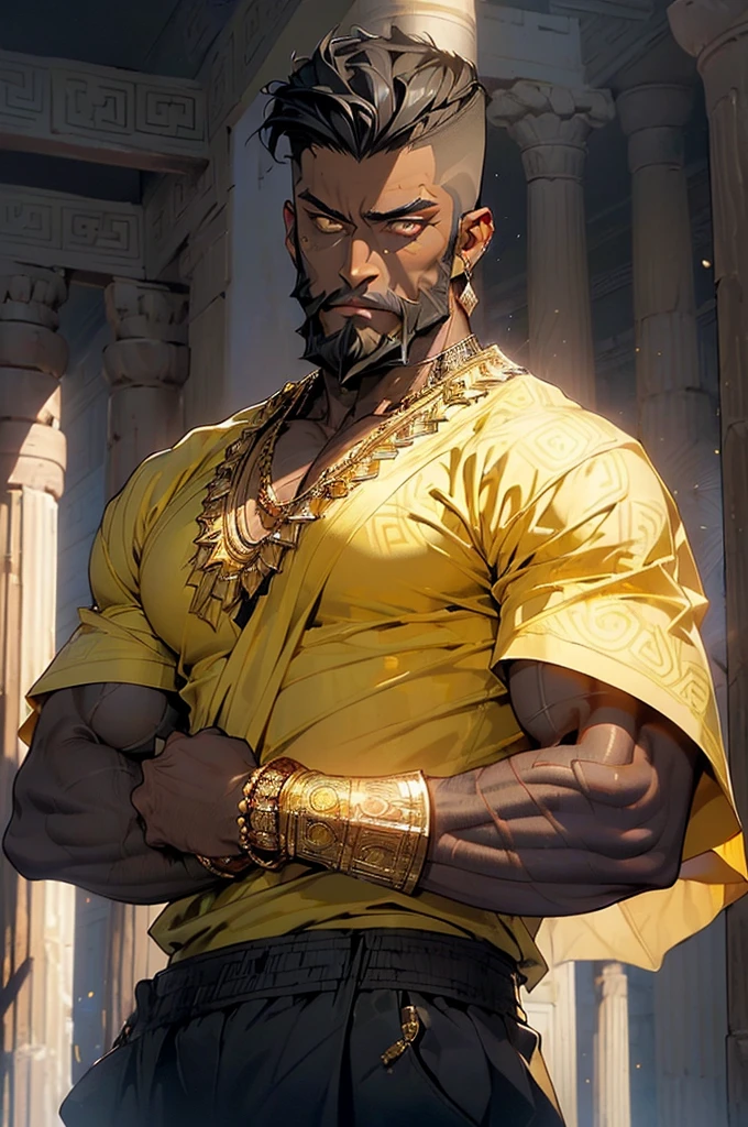 (man:1.5),1 man,male, muscle, 1boy, muscle, pectoral, muscular, Mature man,45 year,1 man,macho man,perfect body,an extremely delicate and beautiful detailed face,((crop haircut,:1.5,undercut:1.5,black hair)),(((black very short beard, black very short beard,nice beard style,barbershop style beard))), (((gold_eyes:1.3))),intricate eyes,beautiful detailed eyes,symmetrical eyes,perfect face, nice hair style,perfect proportions, thicc, ((detailed face)),macho man,
(male african prince),prince,
powerful,heroic,nsfw,
(((dark skin:1.5))),black skin:1.35,dark skin:1.3,ebony skin,
smile,expressive eyes,
((african,black race,african traits,african race)),elegant,
(open toga, arab fashion,arab toga, jeans,white shirt, masculine features, modern style,arab clothes),(((dark yellow toga, dark yellow toga outfit, wearing a dark yellow toga:1.3,arab dark yellow toga))),(arab jewelry,intricate necklace),((bulge in pants)),(((intricate outfit,intricate clothes,ornate outfit))),
(dynamic pose:1.0),embarrassed,(centered,scale to fit dimensions,Rule of thirds),
inside,indoor,((room in a greek temple:1.3,columns of a greek temple:1.3)),scenery:1.25,((intricate scenery)),((winter decorations)),
(Glossy winter ornaments),highres,sharp focus,(ultra detailed,extremely detailed),(photorealistic artwork:1.37),(extremely detailed CG unity 8k wallpaper),(((vibrant colors,vibrant theme))),(intricate),(masterpiece),(best quality),