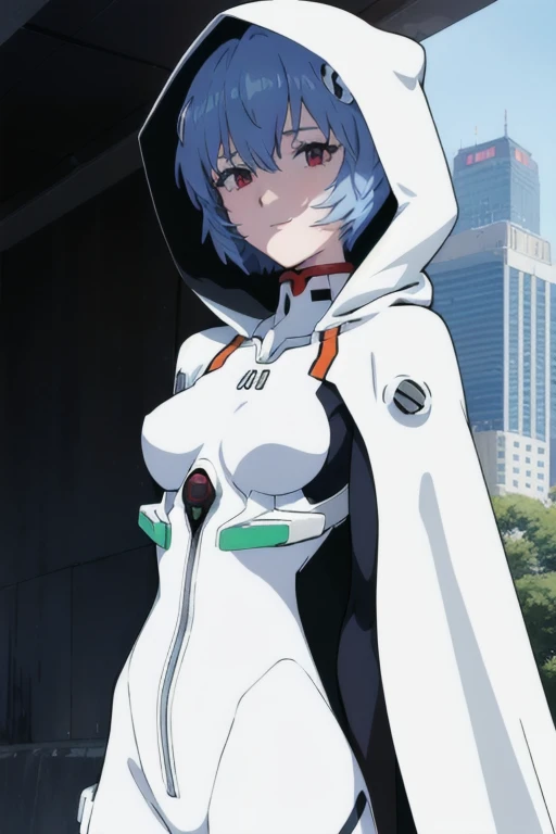 masterpiece, best quality, 1girl, ayanamirei, plugsuit, interface headset, looking at viewer, light smile, city park, upper body, arms_behind_back, hooded white cloak, white and black cape