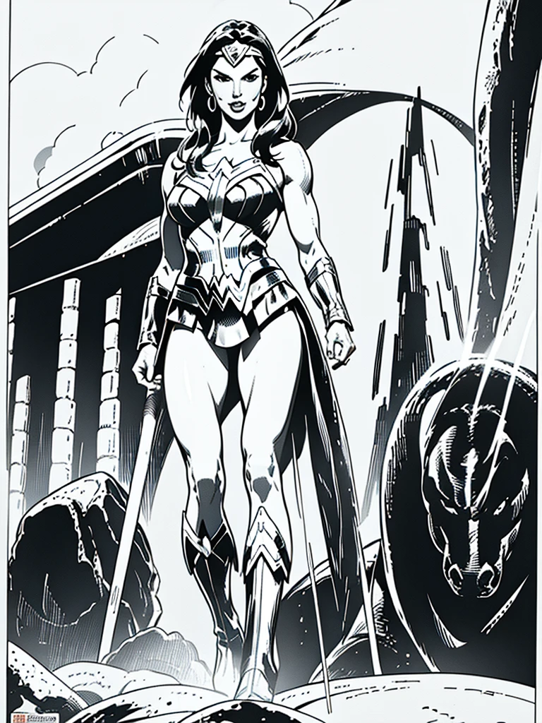 (Wonder Woman)GalGadot,Full body, illustration in Buscema drawing style;beautiful female,spartan helmets and armor, warrior woman art,swords and sheilds, Wide Angle,8K True-to-Life Picture Quality, muscular body types,Perfect facial details,agressive facial expression,no nsfw images