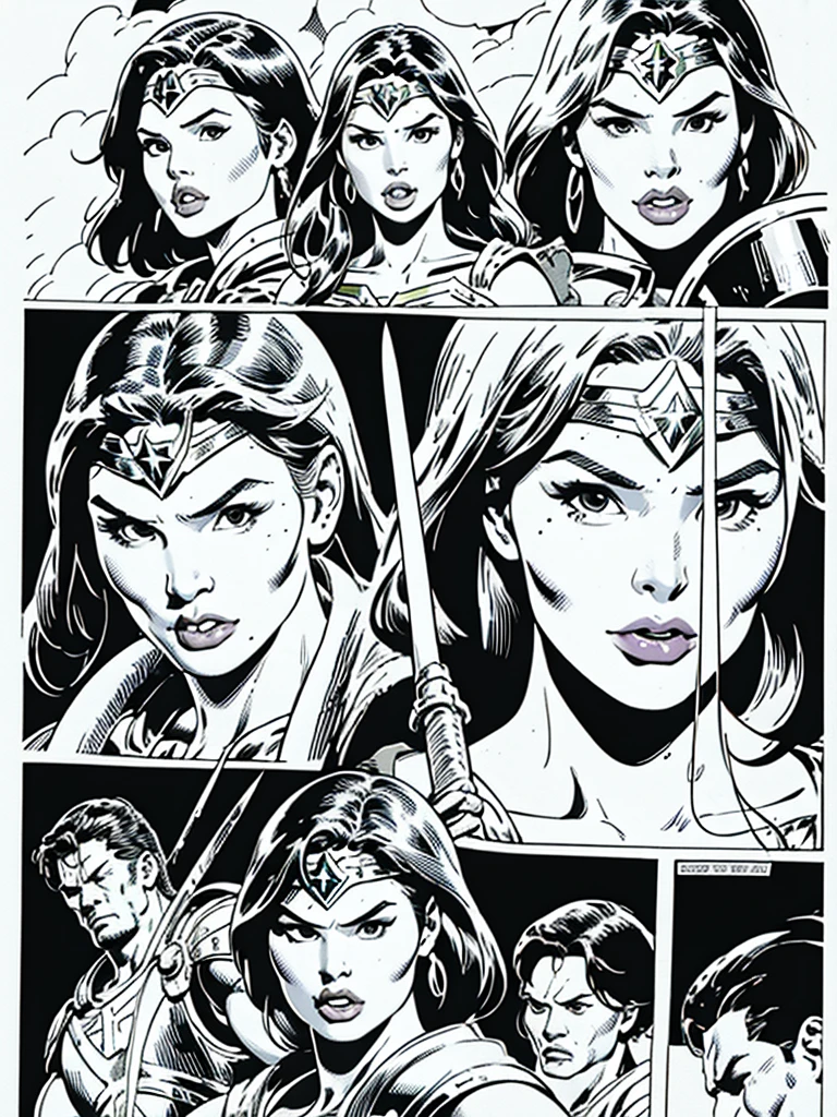 (Wonder Woman)GalGadot,Full body, illustration in Buscema drawing style;beautiful female,spartan helmets and armor, warrior woman art,swords and sheilds, Wide Angle,8K True-to-Life Picture Quality, muscular body types,Perfect facial details,agressive facial expression,no nsfw images