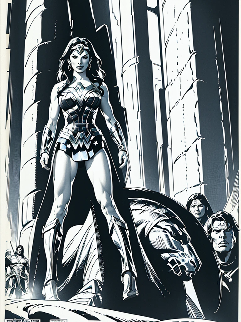 (Wonder Woman)GalGadot,Full body, illustration in Buscema drawing style;beautiful female,spartan helmets and armor, warrior woman art,swords and sheilds, Wide Angle,8K True-to-Life Picture Quality, muscular body types,Perfect facial details,agressive facial expression,no nsfw images