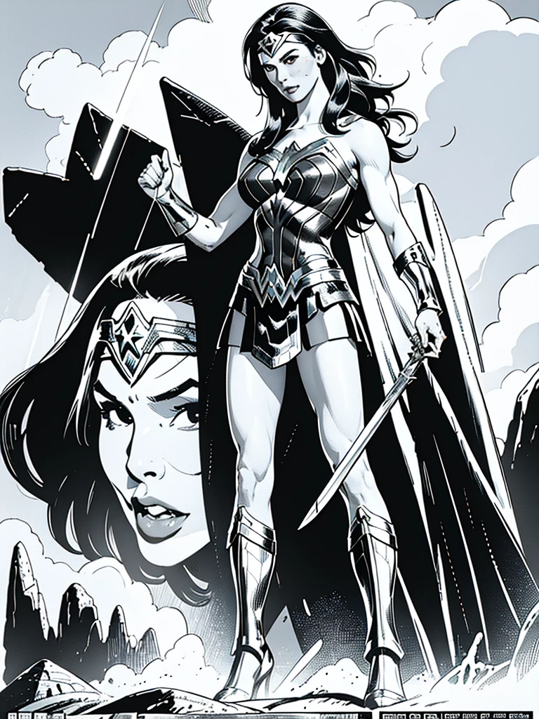 (Wonder Woman)GalGadot,Full body, illustration in Buscema drawing style;beautiful female,spartan helmets and armor, warrior woman art,swords and sheilds, Wide Angle,8K True-to-Life Picture Quality, muscular body types,Perfect facial details,agressive facial expression,no nsfw images