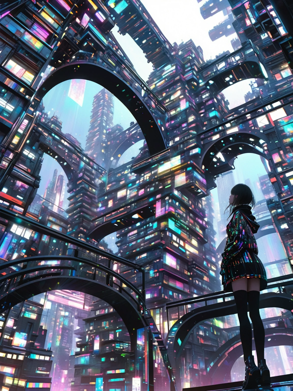 ultra-detailed illustration of cyberpunk city, an android girl, metallic texture, intricately stacked structures, dutch angle, from below, chromatic aberration, depth of field, light particles, holographic effects, glitch effects, masterpiece, best quality, beautiful illustration, absurdres, very aesthetic art