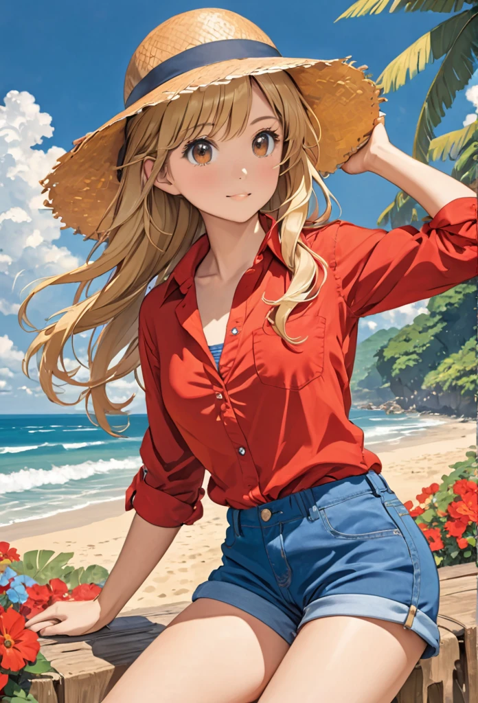 girl, blonde, brown eyes, long hair, red button-down shirt, short blue shorts, medium chest, The straw hat