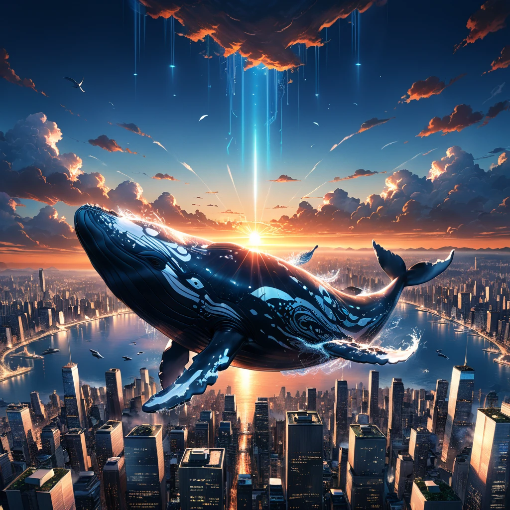 whale flying over skycrapers,perfect anatomy,sunset,anime,8k,ultra-detailed,intricate,cinematic lighting,perfect proportion