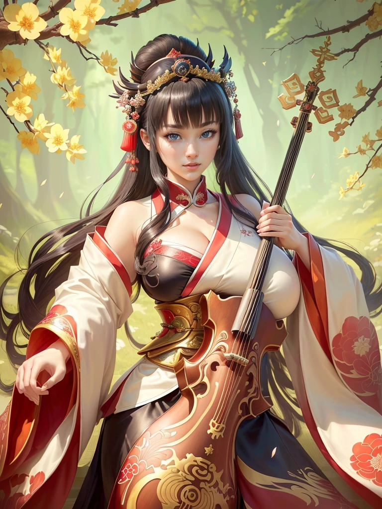 a woman in a kimono outfit playing a cello, a beautiful fantasy empress, japanese goddess, ancient chinese goddess, ancient chinese princess, inspired by Lan Ying, ((a beautiful fantasy empress)), beautiful character painting, inspired by Du Qiong, inspired by Qiu Ying, inspired by Ju Lian, onmyoji portrait, she is holding a long staff, , Highly detailed CG unit 8k wallpaper, masterpiece, High resolution, highest quality, highest quality real texture skin, Super Real, Digital Painting, Best image quality, 最High resolution, 8k, (((Highly detailed eyes and face, Beautiful eyes every detail))), disproportionate breasts, huge breasts, sagging breasts, gigantic breasts, clevage, black hair, smile, 