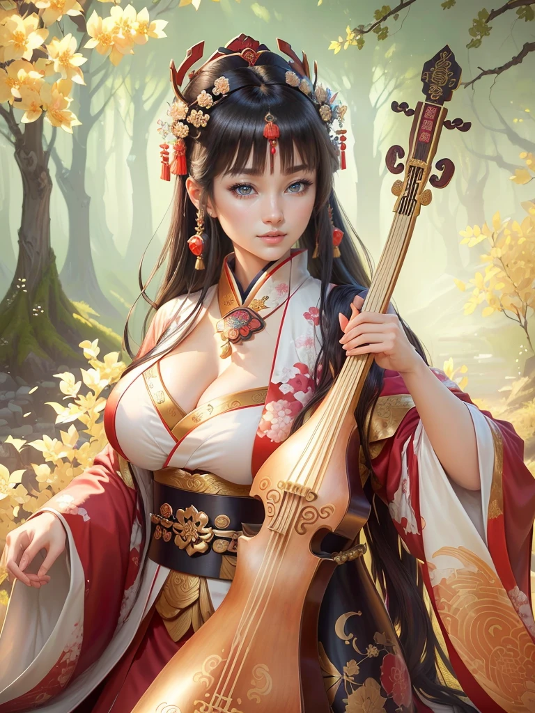 a woman in a kimono outfit playing a cello, a beautiful fantasy empress, japanese goddess, ancient chinese goddess, ancient chinese princess, inspired by Lan Ying, ((a beautiful fantasy empress)), beautiful character painting, inspired by Du Qiong, inspired by Qiu Ying, inspired by Ju Lian, onmyoji portrait, she is holding a long staff, , Highly detailed CG unit 8k wallpaper, masterpiece, High resolution, highest quality, highest quality real texture skin, Super Real, Digital Painting, Best image quality, 最High resolution, 8k, (((Highly detailed eyes and face, Beautiful eyes every detail))), disproportionate breasts, huge breasts, sagging breasts, gigantic breasts, clevage, black hair, smile, 