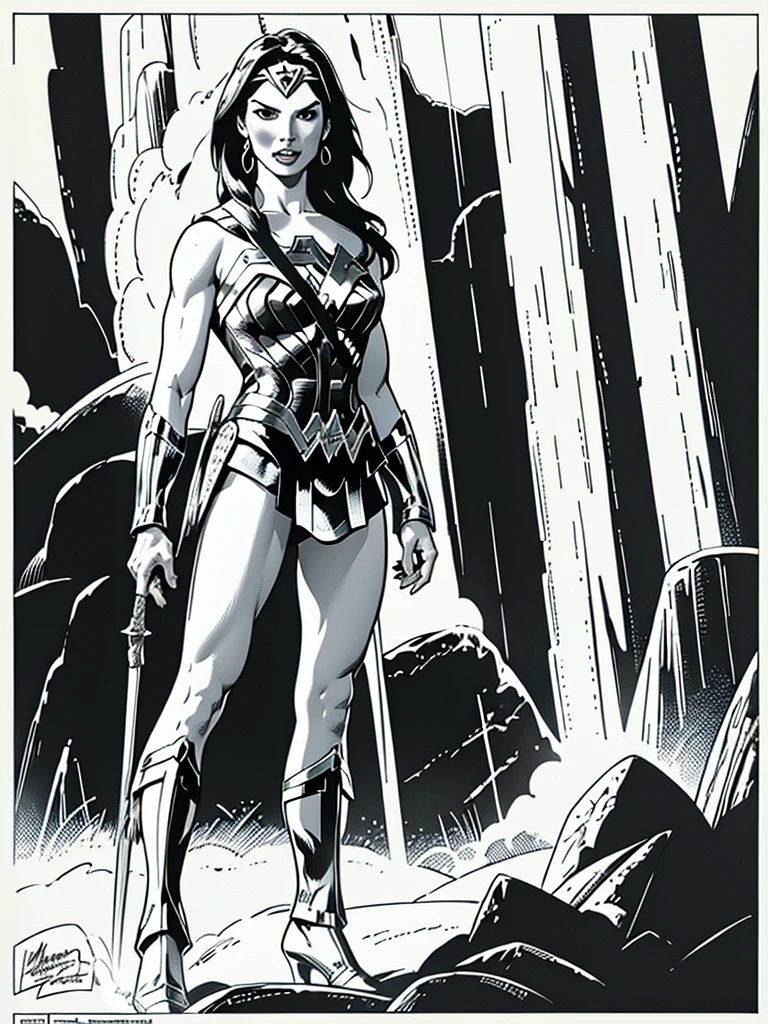 (Wonder Woman)GalGadot,Full body, illustration in Buscema drawing style;beautiful female,spartan helmets and armor, warrior woman art,swords and sheilds, Wide Angle,8K True-to-Life Picture Quality, muscular body types,Perfect facial details,agressive facial expression,no nsfw images