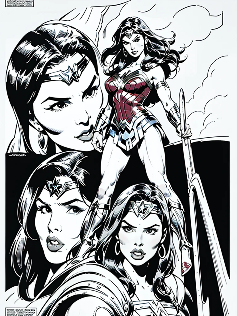 (Wonder Woman)GalGadot,Full body, illustration in Buscema drawing style;beautiful female,spartan helmets and armor, warrior woman art,swords and sheilds, Wide Angle,8K True-to-Life Picture Quality, muscular body types,Perfect facial details,agressive facial expression,no nsfw images