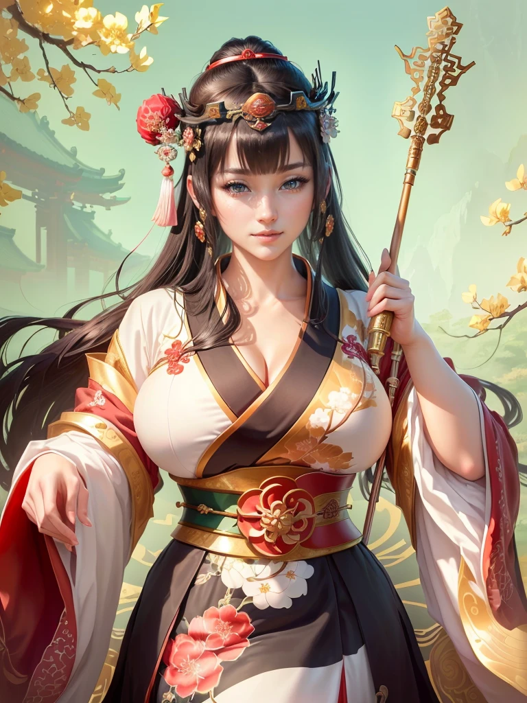 a woman in a kimono outfit playing a cello, a beautiful fantasy empress, japanese goddess, ancient chinese goddess, ancient chinese princess, inspired by Lan Ying, ((a beautiful fantasy empress)), beautiful character painting, inspired by Du Qiong, inspired by Qiu Ying, inspired by Ju Lian, onmyoji portrait, she is holding a long staff, , Highly detailed CG unit 8k wallpaper, masterpiece, High resolution, highest quality, highest quality real texture skin, Super Real, Digital Painting, Best image quality, 最High resolution, 8k, (((Highly detailed eyes and face, Beautiful eyes every detail))), disproportionate breasts, huge breasts, sagging breasts, gigantic breasts, clevage, black hair, smile,