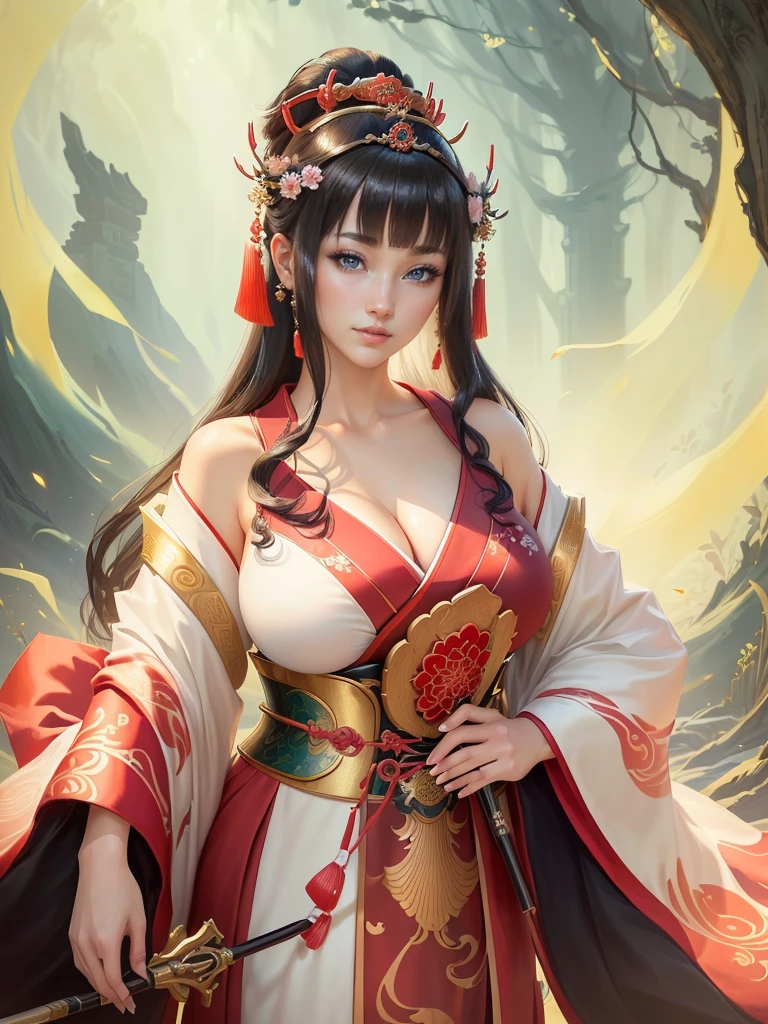 a woman in a kimono outfit playing a cello, a beautiful fantasy empress, japanese goddess, ancient chinese goddess, ancient chinese princess, inspired by Lan Ying, ((a beautiful fantasy empress)), beautiful character painting, inspired by Du Qiong, inspired by Qiu Ying, inspired by Ju Lian, onmyoji portrait, she is holding a long staff, , Highly detailed CG unit 8k wallpaper, masterpiece, High resolution, highest quality, highest quality real texture skin, Super Real, Digital Painting, Best image quality, 最High resolution, 8k, (((Highly detailed eyes and face, Beautiful eyes every detail))), disproportionate breasts, huge breasts, sagging breasts, gigantic breasts, clevage, black hair, smile,