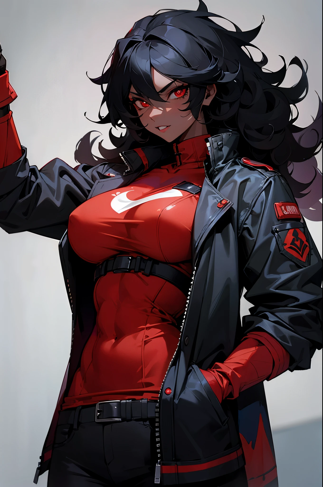 female, black skin,curly black hair, red eyes, vampire, jacket, black skin tone, muscular