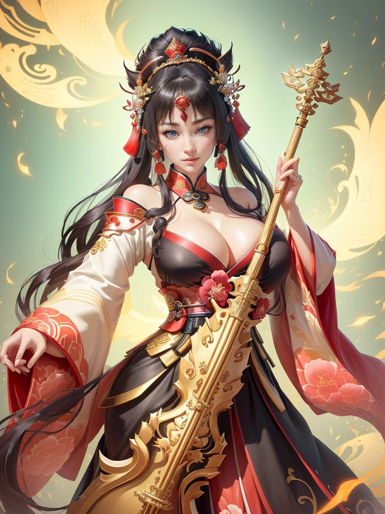 a woman in a kimono outfit playing a cello, a beautiful fantasy empress, japanese goddess, ancient chinese goddess, ancient chinese princess, inspired by Lan Ying, ((a beautiful fantasy empress)), beautiful character painting, inspired by Du Qiong, inspired by Qiu Ying, inspired by Ju Lian, onmyoji portrait, she is holding a long staff, , Highly detailed CG unit 8k wallpaper, masterpiece, High resolution, highest quality, highest quality real texture skin, Super Real, Digital Painting, Best image quality, 最High resolution, 8k, (((Highly detailed eyes and face, Beautiful eyes every detail))), disproportionate breasts, huge breasts, sagging breasts, gigantic breasts, clevage, black hair, smile,