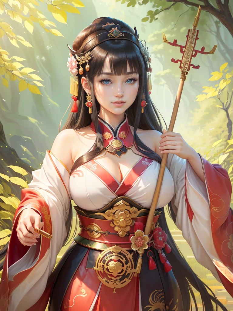 a woman in a kimono outfit playing a cello, a beautiful fantasy empress, japanese goddess, ancient chinese goddess, ancient chinese princess, inspired by Lan Ying, ((a beautiful fantasy empress)), beautiful character painting, inspired by Du Qiong, inspired by Qiu Ying, inspired by Ju Lian, onmyoji portrait, she is holding a long staff, , Highly detailed CG unit 8k wallpaper, masterpiece, High resolution, highest quality, highest quality real texture skin, Super Real, Digital Painting, Best image quality, 最High resolution, 8k, (((Highly detailed eyes and face, Beautiful eyes every detail))), disproportionate breasts, huge breasts, sagging breasts, gigantic breasts, clevage, black hair, smile,