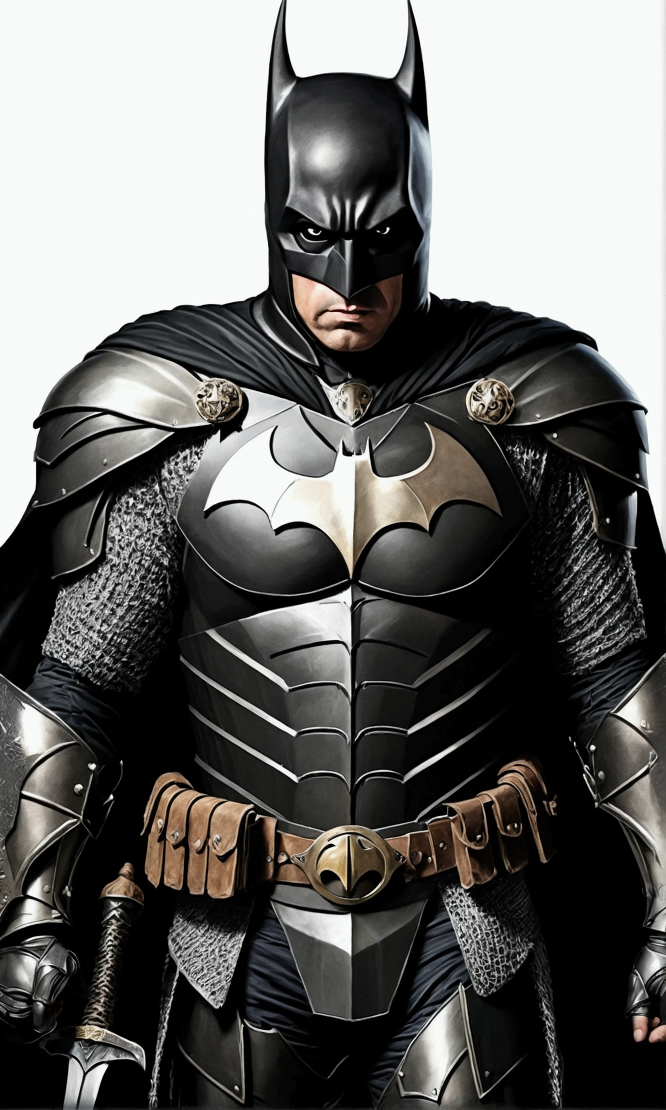 Create a Batman Comic Book style drawing as if you were a medieval knight, with black armor, a silver greatsword and holding a bat-shaped shield fighting Nicholas Cage as The Scarecrow.