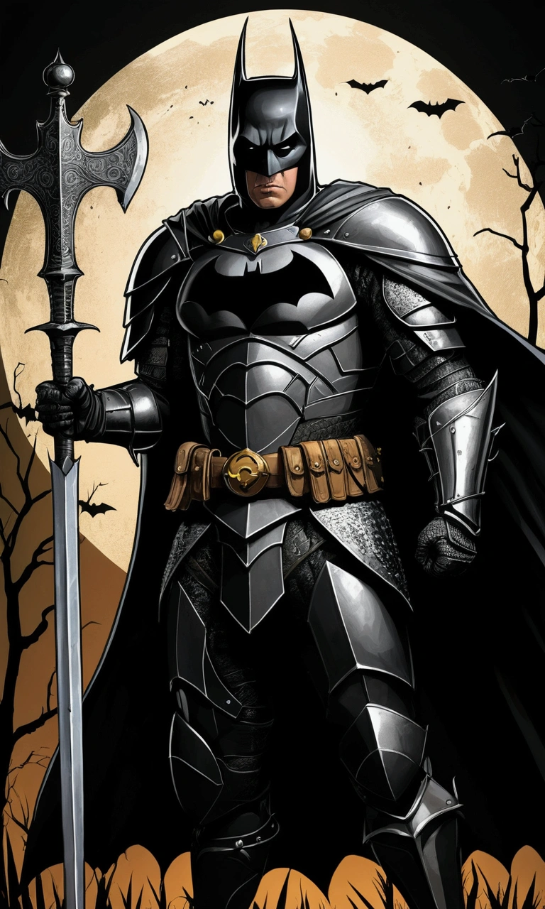 Create a Batman Comic Book style drawing as if you were a medieval knight, with black armor, a silver greatsword and holding a bat-shaped shield fighting Nicholas Cage as The Scarecrow.