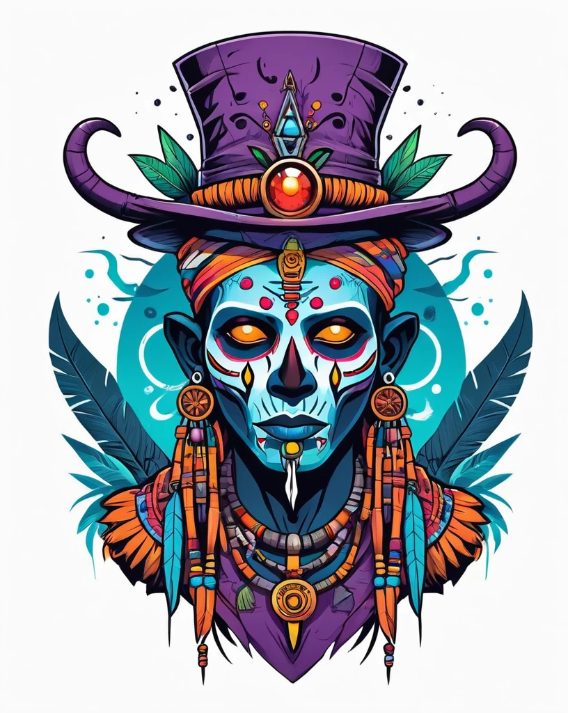 a detailed, cool, trendy, minimalistic voodoo witch doctor, for a t-shirt design, White background, vibrant colors, pretty, fine detail, clear professional, quality, aesthetic, glowing, dramatic light, beautifully scenic, rich deep vivid color, striking, epic, cinematic, symmetry, highly enhanced, complex, dynamic composition, creative t-shirt_design