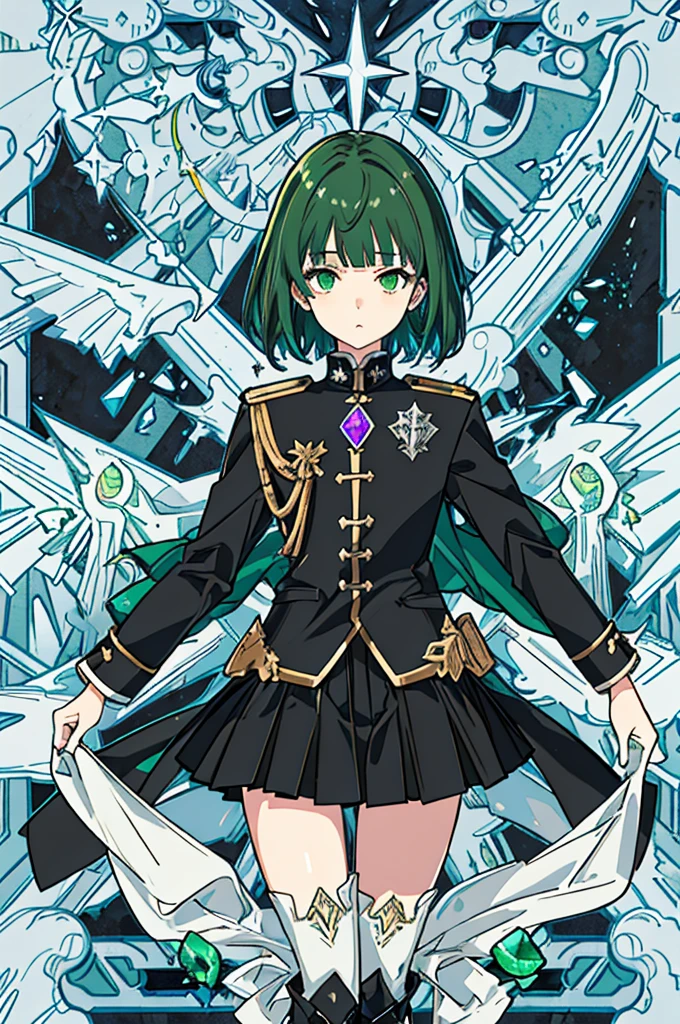 [(with a cathedral background:1.4)::5],original,(shape:1.1),(highest quality),(Tabletop:1.1),(Highly detailed CG Unity 8k wallpaper:1.1), (colorful:0.9),(Mid Shot:0.95),(very detailed beautiful whole body),Dynamic Angle,(alone:1.2), (girl),(((Adult))), (Beautiful eyes in every detail:1.15), (Beautiful Face:1.15), (Glowing green eyes:1.25////),(Gemstone Eyes),(Green Short Hair),(Blunt bangs),((The girl wear a black knight uniform)),Realistic,, girl,Green Hair,((Black long boots)), Black mini skirt,Black knee socks(rage),(Contempt and contempt),rage,(beautiful slender girl),((Adult)),((upper body)),Valkyrie, Decorations,((Thin legs)),((slender girl)),Front Angle,Front Angle,