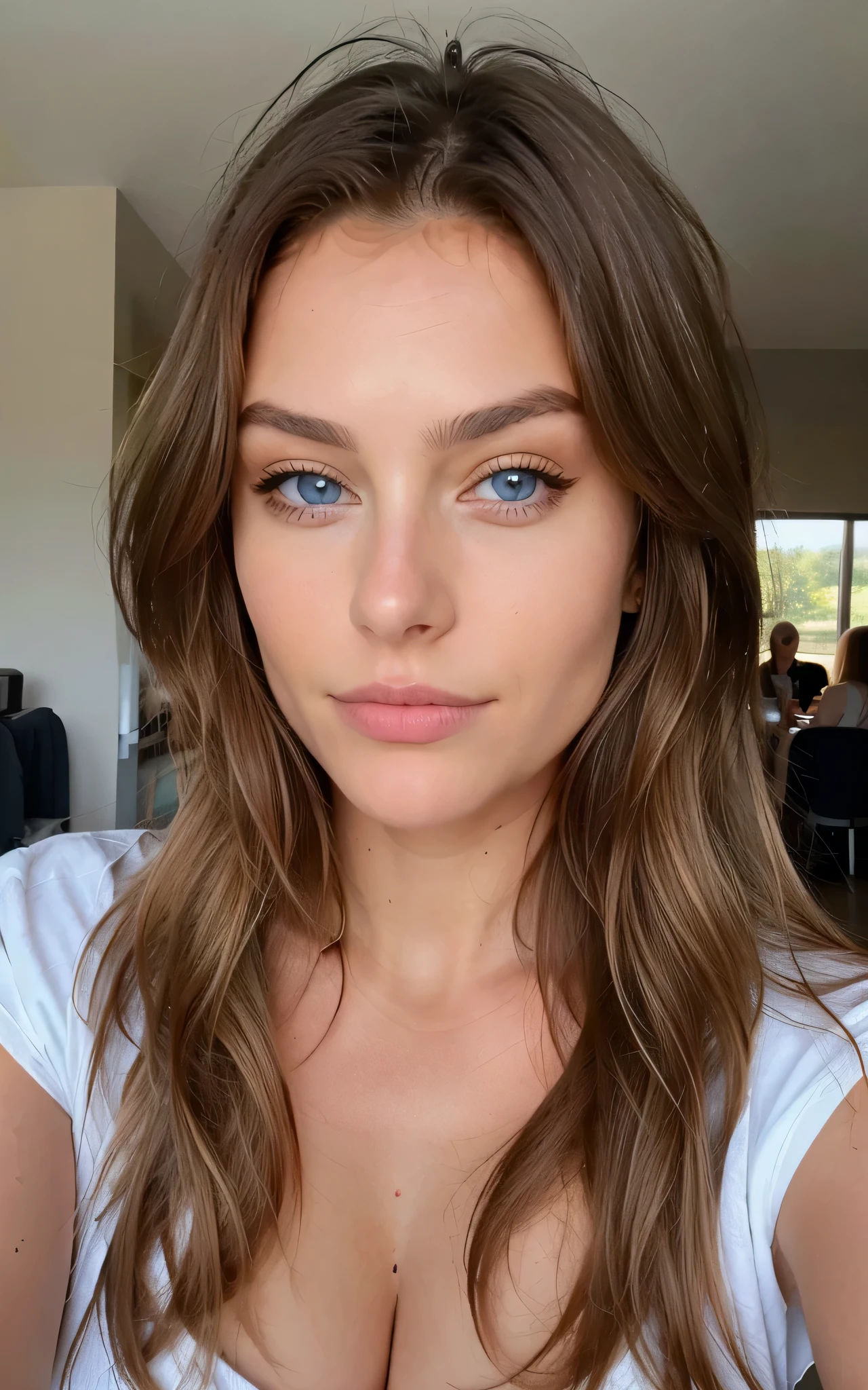 Selfie shot Belle brune aux reflets blonds prend une photo de selfie, haut du corps, in the coffee ,cool, real life nature, very detailed, 22 ans, Visage innocent, natural wavy hair, blue eye, high resolution, head of&#39;artwork, best quality, complex and high level of detail, very detailed, sharpness, detailed skin, realistic skin texture, texture, detailed eyes, Professionnel, 4K, charming smile, prise avec Canon, 85mm, Slight depth of field, Kodak Vision Color, corps parfaitement ajusté , extremely detailed, Photo_\(ultra\), fotorealistic, realistic, post-traitement, maximum details, roughness, real life, shot with Kodak Gold 400, caractéristiques realistics et détaillées