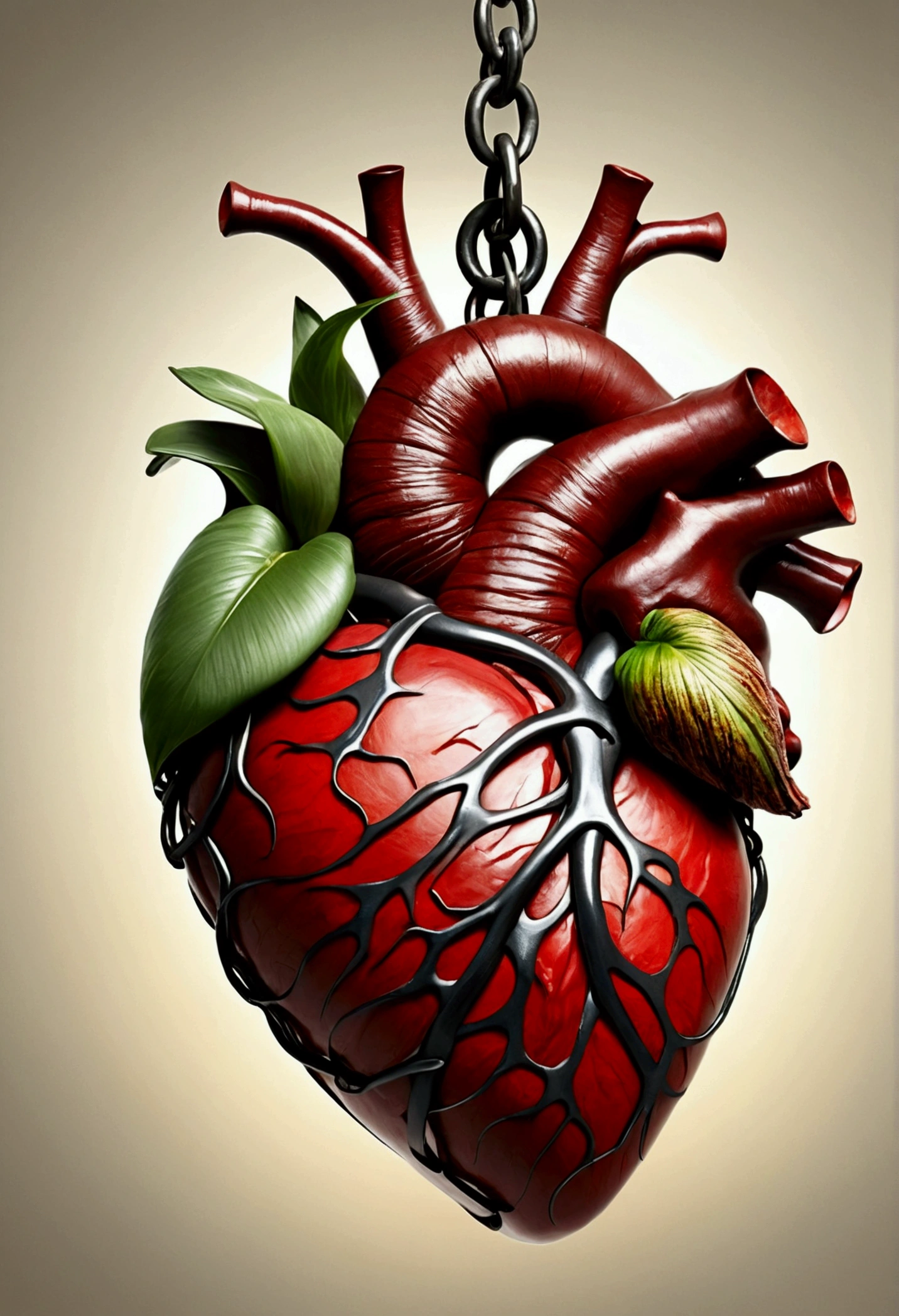Por favor, Generate an image that depicts a human heart formed from a combination of flesh, barro e pedra. The heart must be wrapped in chains that hold it firmly, Representing strength and vulnerability at the same time. Ademais, I wish there were colorful lilies around the heart, adding a sense of beauty and life in contrast to the harsher elements. The image should convey a feeling of duality between fragility and resistance, and also a mixture of organic and inorganic elements. Por favor, Be creative in the depiction of this scene.