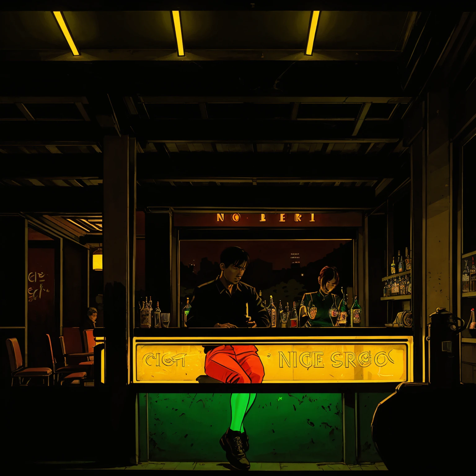 (masterpiece), (Ho Chi Minh City neon lights), (realistic illustration), (cinematic), (night), (in a bar), (traffic lights), (one man and woman silhouette sitting)