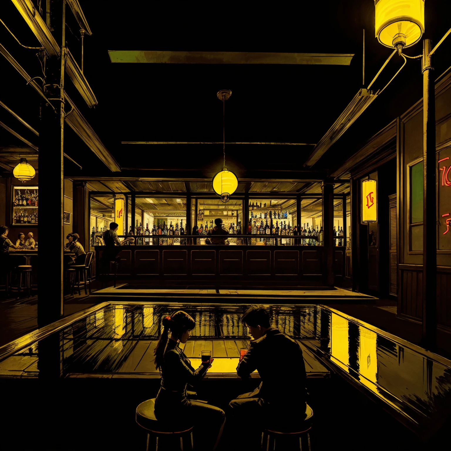 (masterpiece), (Ho Chi Minh City neon lights), (realistic illustration), (cinematic), (night), (in a bar), (traffic lights), (one man and woman silhouette sitting)