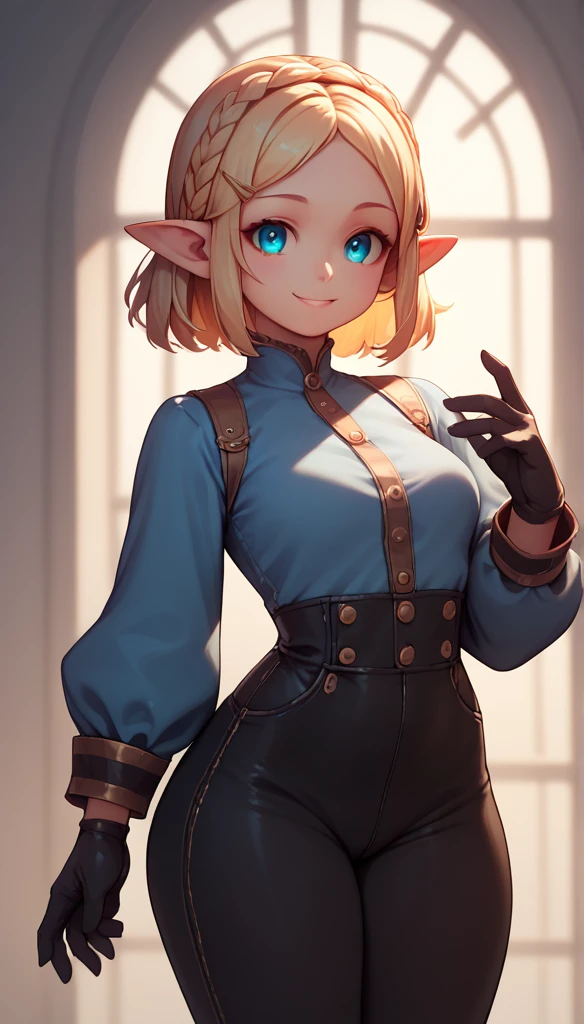 High resolution, Very detailed, perfect lighting, beautiful detailed eyes, ((masterpiece,Best Quality)), absurdities, Alone, alita, by the wide, crown braid, Hair clip, pointy ears, blue shirt, long sleeves, Gloves without fingers, black gloves, Black pants, tight pants, smile, curves, nod, ,