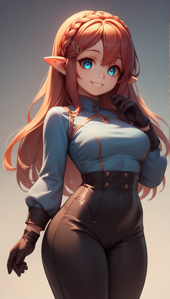 High resolution, Very detailed, perfect lighting, beautiful detailed eyes, ((masterpiece,Best Quality)), absurdities, Alone, alita, by the wide, crown braid, Hair clip, pointy ears, blue shirt, long sleeves, Gloves without fingers, black gloves, Black pants, tight pants, smile, curves, nod, ,