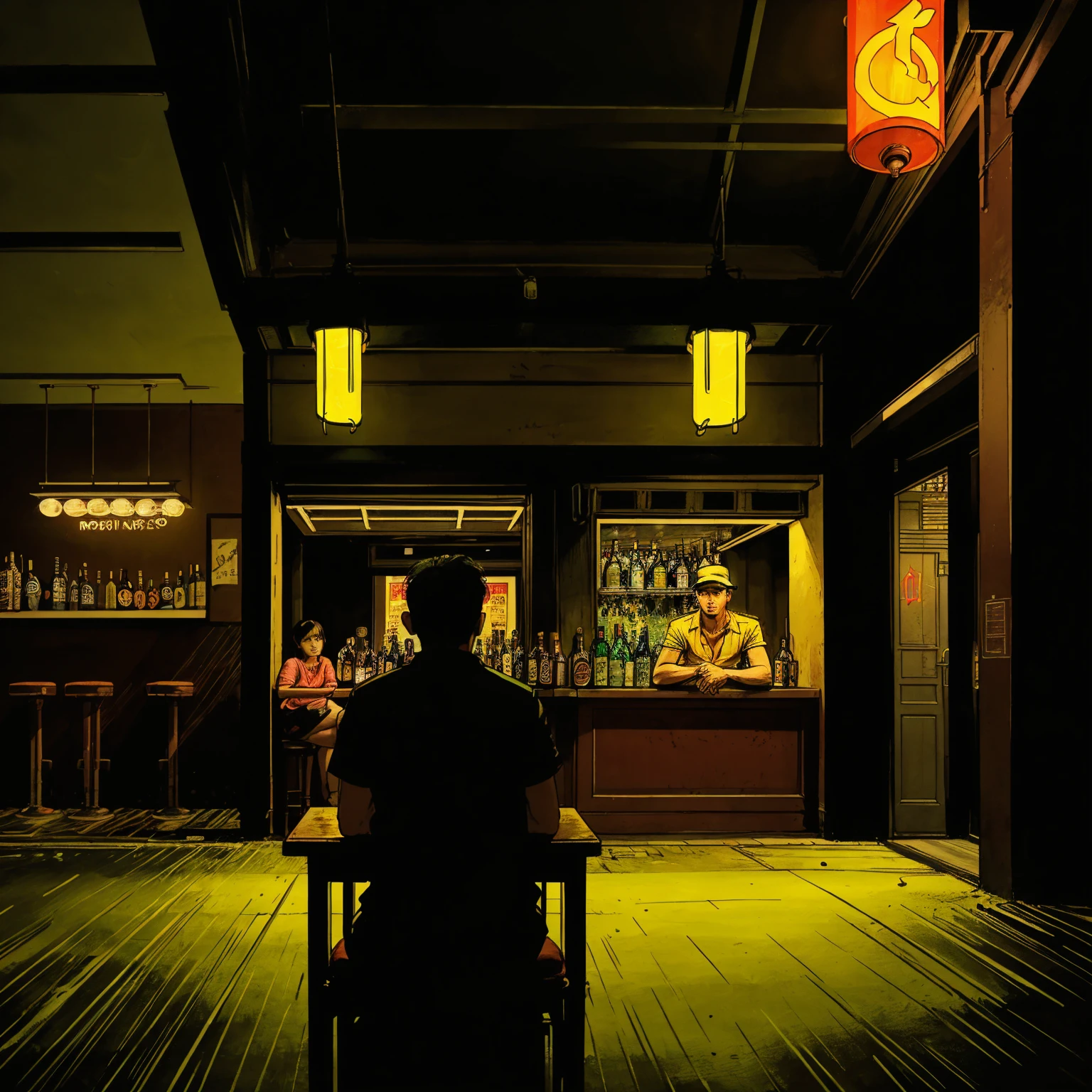 (masterpiece), (Ho Chi Minh City neon lights), (realistic illustration), (cinematic), (night), (in a bar), (traffic lights), (one man and woman silhouette sitting)
Waiting to start