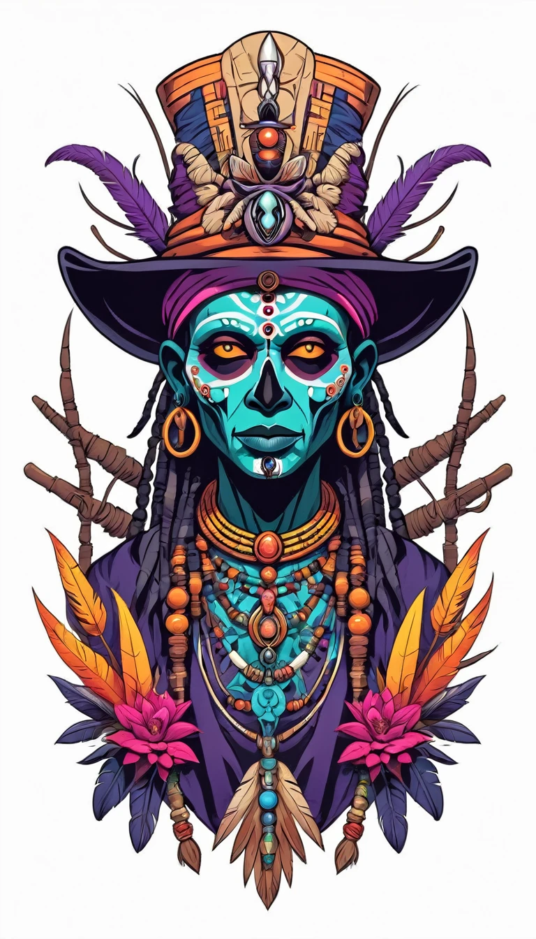 a detailed, cool, trendy, minimalistic voodoo witch doctor, for a t-shirt design, White background, vibrant colors, pretty, fine detail, clear professional, quality, aesthetic, glowing, dramatic light, beautifully scenic, rich deep vivid color, striking, epic, cinematic, symmetry, highly enhanced, complex, dynamic composition, creative t-shirt_design