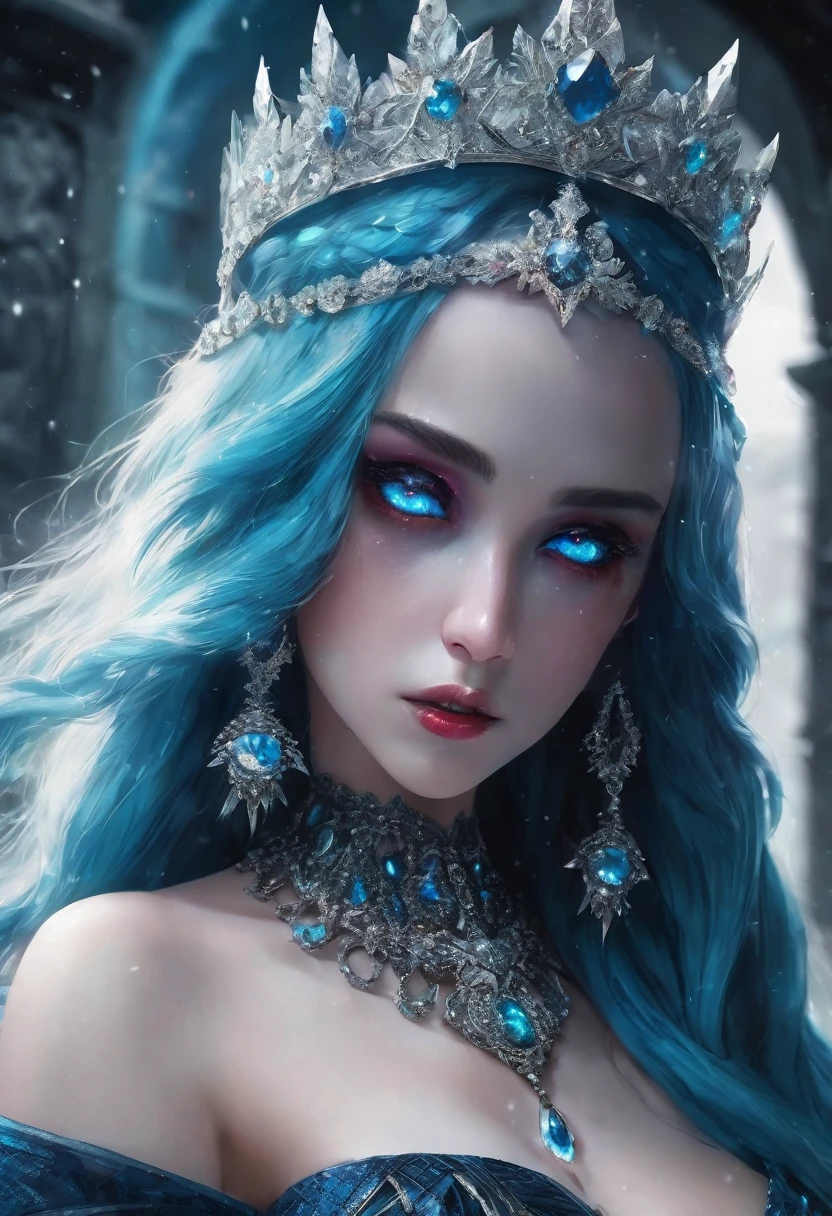 masterpiece), best quality, expressive eyes, perfect face, long blue hair, hair between eyes, huge breast, black sclera, cyan skin, red eyes, obsidian crown with diamond jewels, ice dress, blue dress, ice queen, 1girl, solo