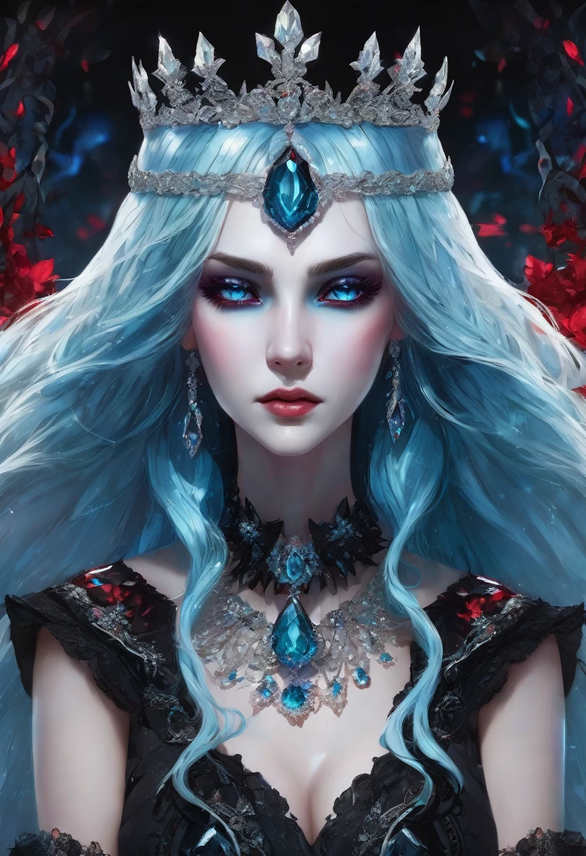 masterpiece), best quality, expressive eyes, perfect face, long blue hair, hair between eyes, huge breast, black sclera, cyan skin, red eyes, obsidian crown with diamond jewels, ice dress, blue dress, ice queen, 1girl, solo