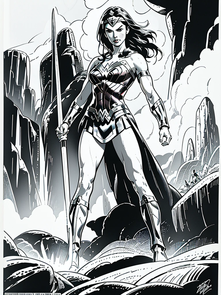 (Wonder Woman)GalGadot,Full body, illustration in Buscema drawing style;beautiful female,spartan helmets and armor, warrior woman art,swords and sheilds, Wide Angle,8K True-to-Life Picture Quality, muscular body types,Perfect facial details,agressive facial expression,no nsfw images