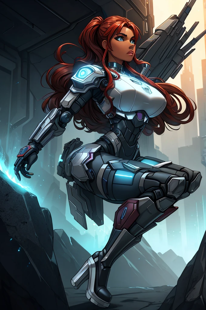 a girl wearing mecha cybernetic armor,technology bodysuit,smart lines in the costume,neckleace,technology boots,technology gloves,(Mechanical Valkyrie Girl),whole body,high-heels,details Intricate,hyperrealisti,8k,awardwinning,cinematic lighting,dynamic pose,dramatic colors,Complex patterns,futurist,cyber punk,chiaroscuro lighting,highy detailed,photorrealistic,engine unreal,volumetric Fog,Advanced Rendering, technology pistol in hands shining.