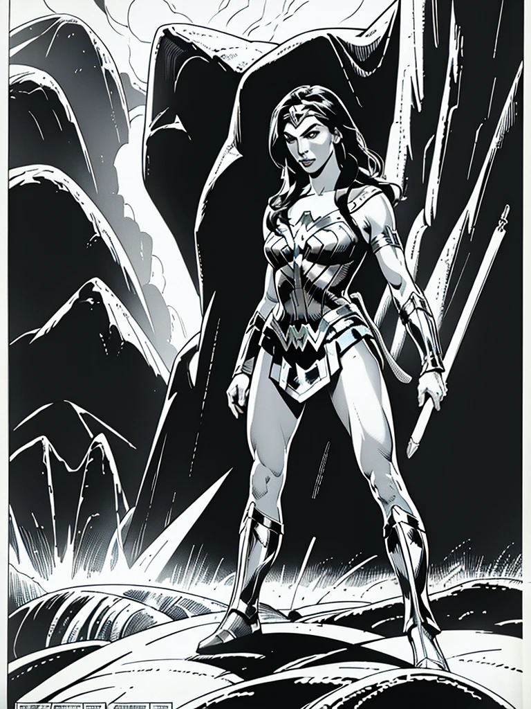 (Wonder Woman)GalGadot,Full body, illustration in Buscema drawing style;beautiful female,spartan helmets and armor, warrior woman art,swords and sheilds, Wide Angle,8K True-to-Life Picture Quality, muscular body types,Perfect facial details,agressive facial expression,no nsfw images