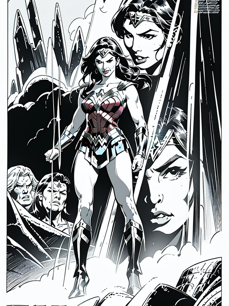 (Wonder Woman)GalGadot,Full body, illustration in Buscema drawing style;beautiful female,spartan helmets and armor, warrior woman art,swords and sheilds, Wide Angle,8K True-to-Life Picture Quality, muscular body types,Perfect facial details,agressive facial expression,no nsfw images