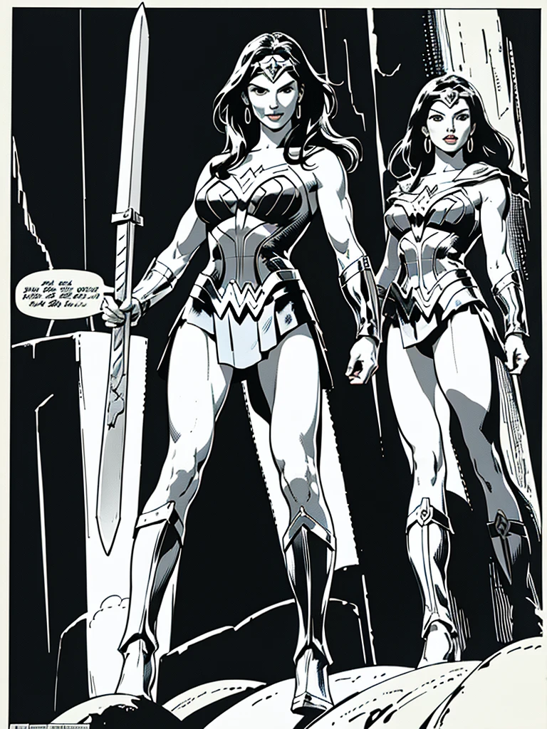 (Wonder Woman)GalGadot,Full body, illustration in Buscema drawing style;beautiful female,spartan helmets and armor, warrior woman art,swords and sheilds, Wide Angle,8K True-to-Life Picture Quality, muscular body types,Perfect facial details,agressive facial expression,no nsfw images