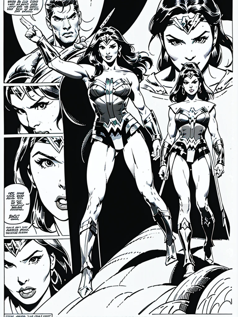 (Wonder Woman)GalGadot,Full body, illustration in Buscema drawing style;beautiful female,spartan helmets and armor, warrior woman art,swords and sheilds, Wide Angle,8K True-to-Life Picture Quality, muscular body types,Perfect facial details,agressive facial expression,no nsfw images