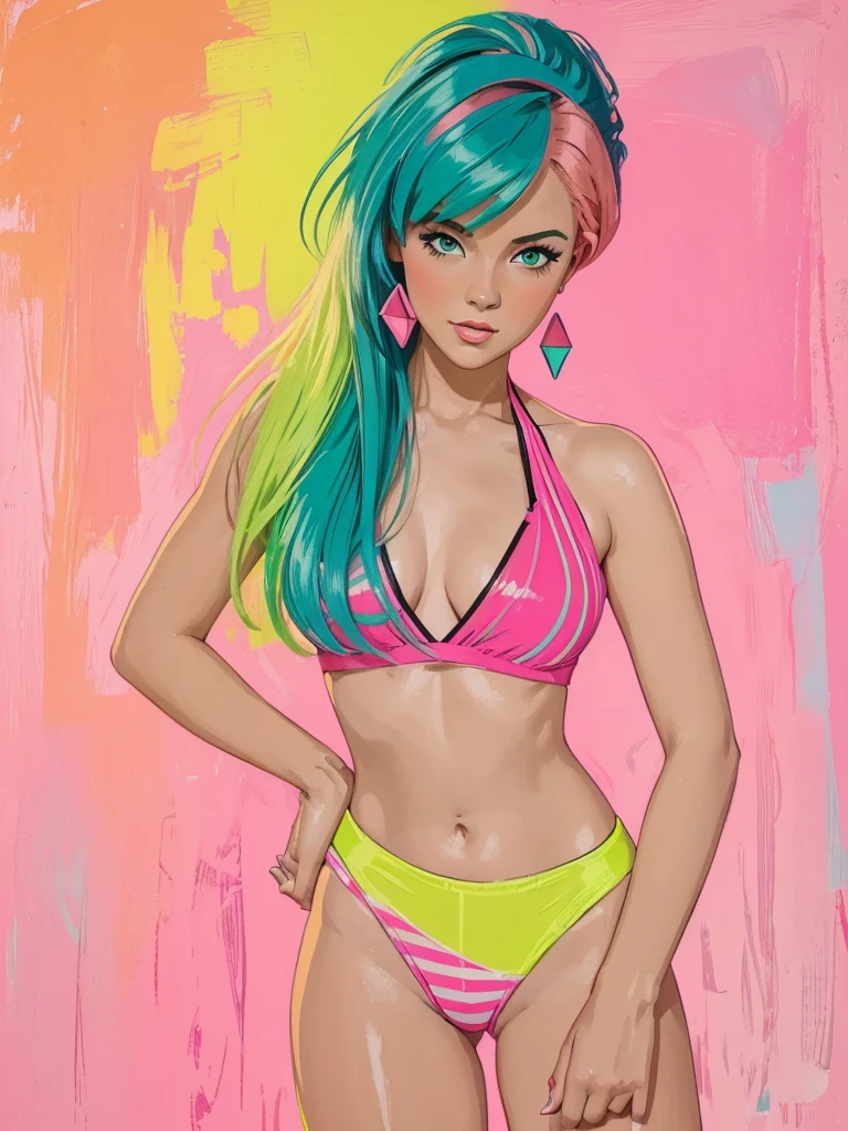 ((Speed Paint) +++ Female portrait, palette knife painting, impressionist style, brushwork technique, large stroke, Open shirt, A stunning illustration, pink green-haired goddess, dressed in 1980s womens fashion, 1980s pop hair styles, pale skin, tube top, halter top, a beauty pinup art style, graphic design, flat colours, Neon Green Neon Pink Neon Yellow palette, background 1 flat colour, Stripes and triangles. 