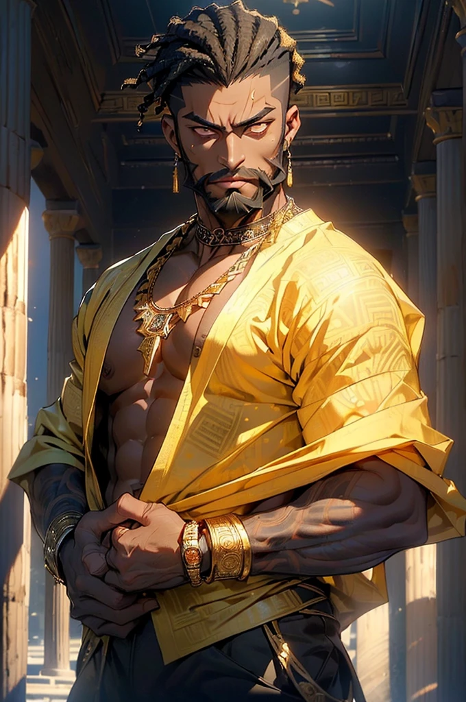 (man:1.5),1 man,male, muscle, 1boy, muscle, pectoral, muscular, Mature man,45 year,1 man,macho man,perfect body,an extremely delicate and beautiful detailed face,((crop haircut,:1.5,undercut:1.5,black hair)),(((black very short beard, black very short beard,nice beard style,barbershop style beard))), (((gold_eyes:1.3))),intricate eyes,beautiful detailed eyes,symmetrical eyes,perfect face, nice hair style,perfect proportions, thicc, ((detailed face)),macho man,((yellow hair)),
(male african prince),prince,
powerful,heroic,nsfw,
(((dark skin:1.5))),black skin:1.35,dark skin:1.3,ebony skin,
smile,expressive eyes,
((african,black race,african traits,african race)),elegant,
(open toga, arab fashion,arab toga, jeans,white shirt, masculine features, modern style,arab clothes),(((dark yellow toga, dark yellow toga outfit, wearing a dark yellow toga:1.3,arab dark yellow toga))),(arab jewelry,intricate necklace),((bulge in pants)),(((intricate outfit,intricate clothes,ornate outfit))),
(dynamic pose:1.0),embarrassed,(centered,scale to fit dimensions,Rule of thirds),
inside,indoor,((room in a greek temple:1.3,columns of a greek temple:1.3)),scenery:1.25,((intricate scenery)),((winter decorations)),
(Glossy winter ornaments),highres,sharp focus,(ultra detailed,extremely detailed),(photorealistic artwork:1.37),(extremely detailed CG unity 8k wallpaper),(((vibrant colors,vibrant theme))),(intricate),(masterpiece),(best quality),