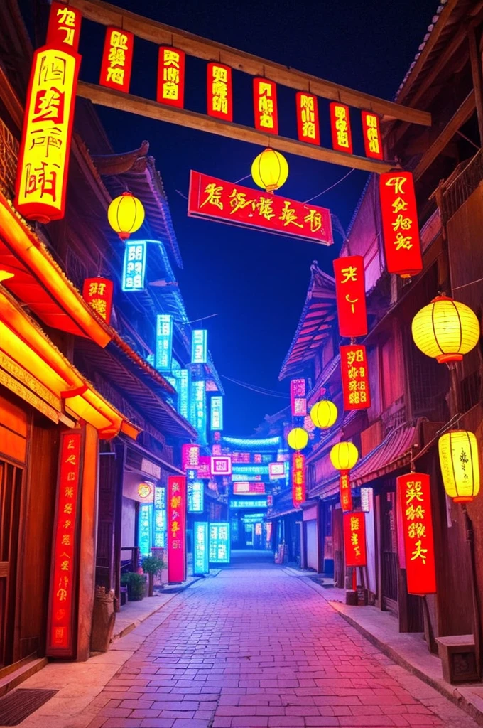 Scenery in ancient China with neon lights  