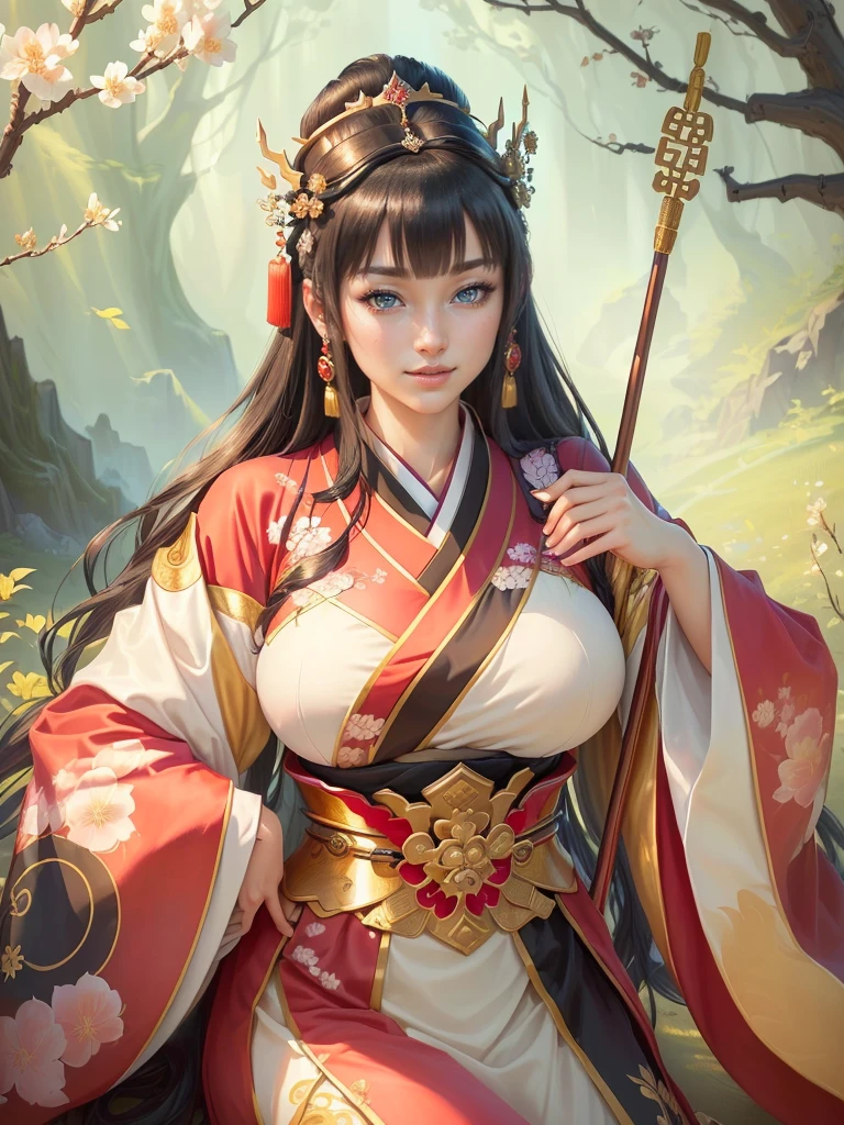 a woman in a kimono outfit playing a cello, a beautiful fantasy empress, japanese goddess, ancient chinese goddess, ancient chinese princess, inspired by Lan Ying, ((a beautiful fantasy empress)), beautiful character painting, inspired by Du Qiong, inspired by Qiu Ying, inspired by Ju Lian, onmyoji portrait, she is holding a long staff, , Highly detailed CG unit 8k wallpaper, masterpiece, High resolution, highest quality, highest quality real texture skin, Super Real, Digital Painting, Best image quality, 最High resolution, 8k, (((Highly detailed eyes and face, Beautiful eyes every detail))), disproportionate breasts, huge breasts, sagging breasts, gigantic breasts, clevage, black hair, smile,