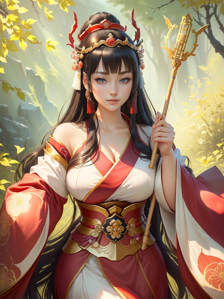 a woman in a kimono outfit playing a cello, a beautiful fantasy empress, japanese goddess, ancient chinese goddess, ancient chinese princess, inspired by Lan Ying, ((a beautiful fantasy empress)), beautiful character painting, inspired by Du Qiong, inspired by Qiu Ying, inspired by Ju Lian, onmyoji portrait, she is holding a long staff, , Highly detailed CG unit 8k wallpaper, masterpiece, High resolution, highest quality, highest quality real texture skin, Super Real, Digital Painting, Best image quality, 最High resolution, 8k, (((Highly detailed eyes and face, Beautiful eyes every detail))), disproportionate breasts, huge breasts, sagging breasts, gigantic breasts, clevage, black hair, smile,