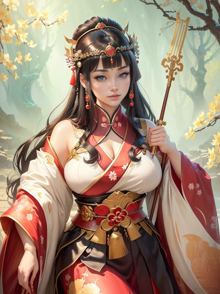a woman in a kimono outfit playing a cello, a beautiful fantasy empress, japanese goddess, ancient chinese goddess, ancient chinese princess, inspired by Lan Ying, ((a beautiful fantasy empress)), beautiful character painting, inspired by Du Qiong, inspired by Qiu Ying, inspired by Ju Lian, onmyoji portrait, she is holding a long staff, , Highly detailed CG unit 8k wallpaper, masterpiece, High resolution, highest quality, highest quality real texture skin, Super Real, Digital Painting, Best image quality, 最High resolution, 8k, (((Highly detailed eyes and face, Beautiful eyes every detail))), disproportionate breasts, huge breasts, sagging breasts, gigantic breasts, clevage, black hair, smile, 